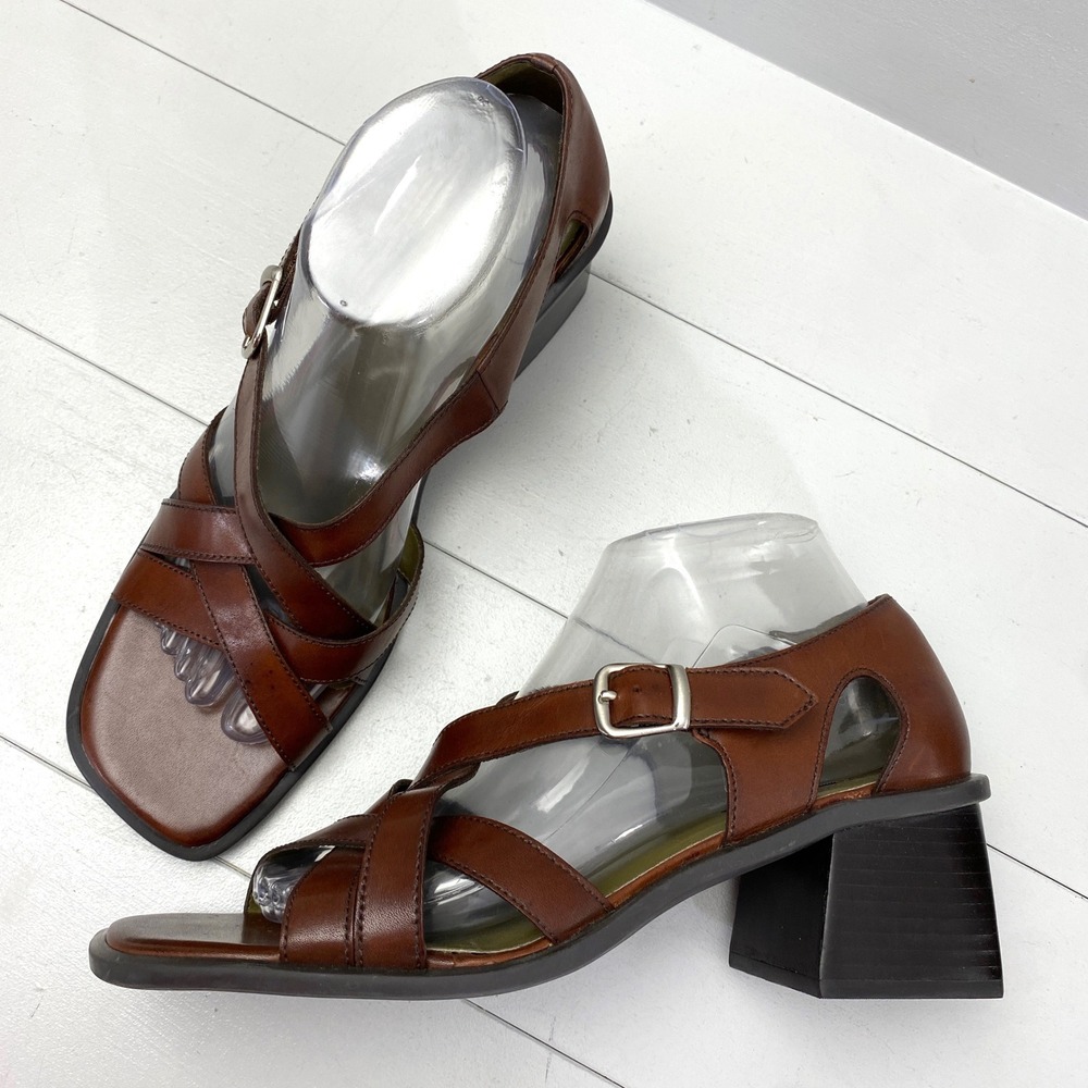 Vtg 90s Nine & Company Prentice Leather Block Heel Sandals Womens 9 Brown Strap